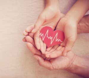 an adult holding a child's hands who's holding a small red heart with cardiogram lines