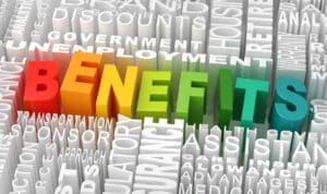 the word "benefits" spelled out in rainbow letters surrounded by white words