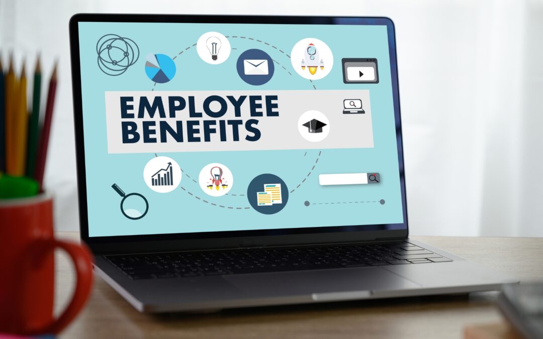 a laptop with a graphic on it that says "employee benefits"