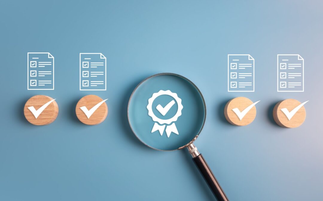 a series of 5 checklists with a magnifying glass over the center selection