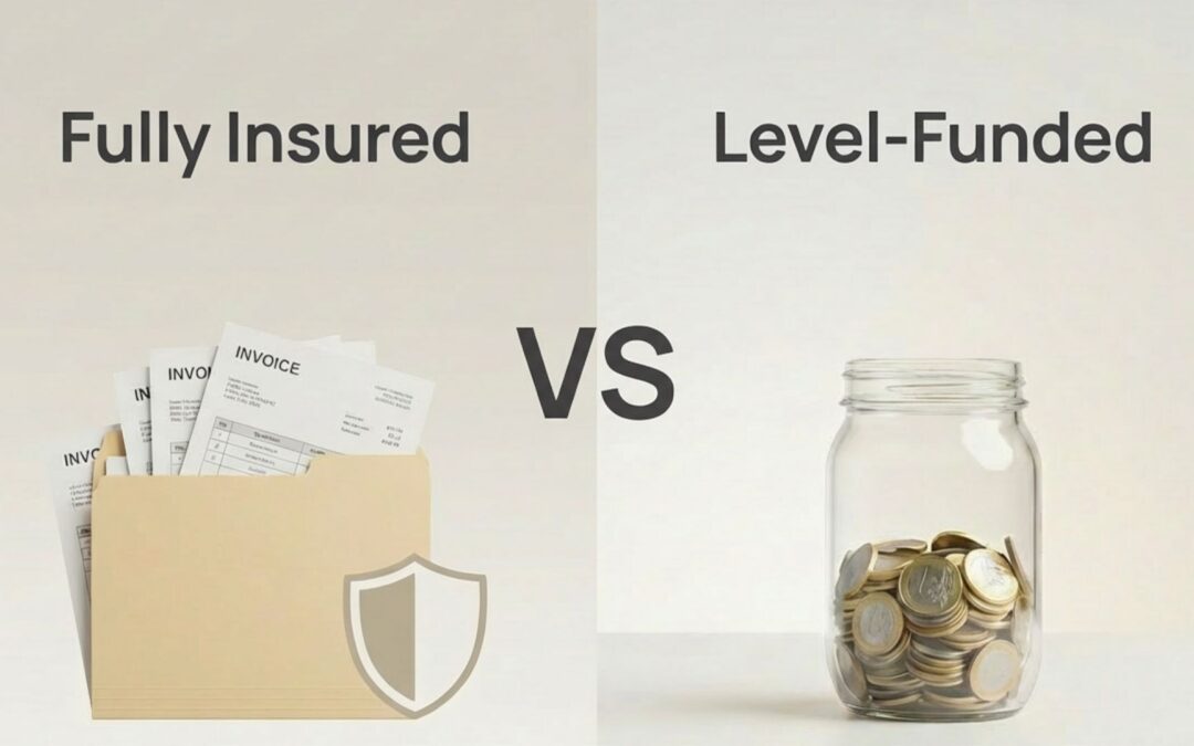 Split comparison image showing a folder with invoices labeled ‘Fully Insured’ on the left and a jar of coins labeled ‘Level-Funded’ on the right, with ‘VS’ in the center on a clean neutral background.