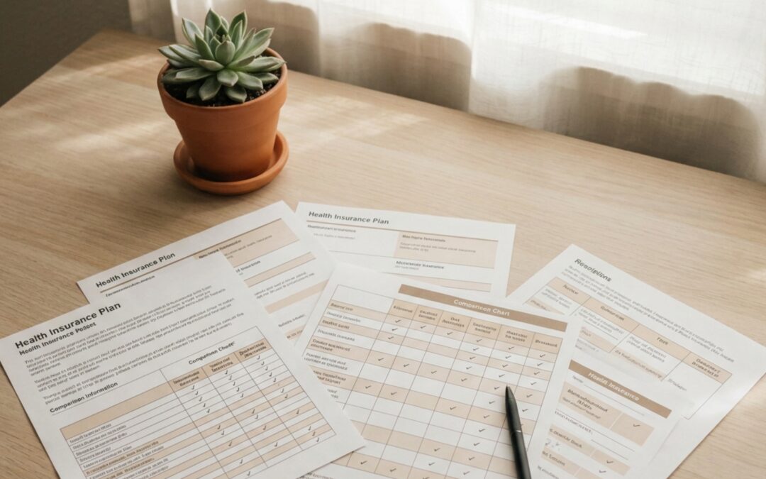 Health insurance plan documents spread on a desk for small business comparison in California