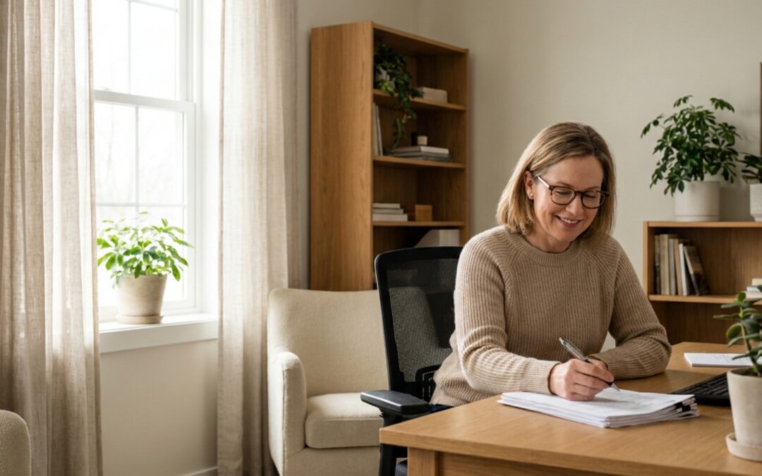 Small business owner reviewing California health insurance documents at an office desk