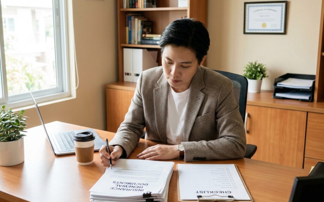 Small business owner reviewing health insurance renewal documents at a desk